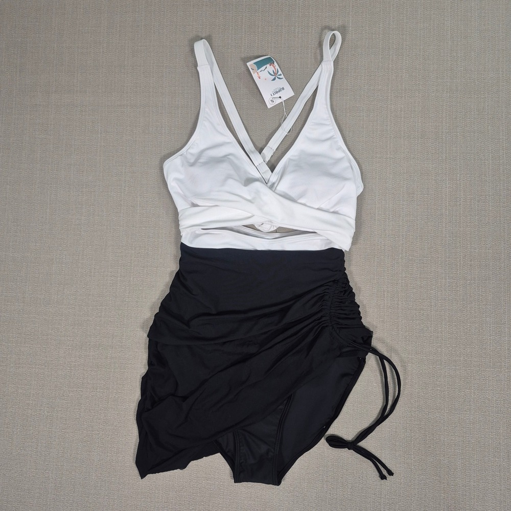 B2PRITY Women One-Piece Swimdress White Black Ruched Tummy Control Small NEW